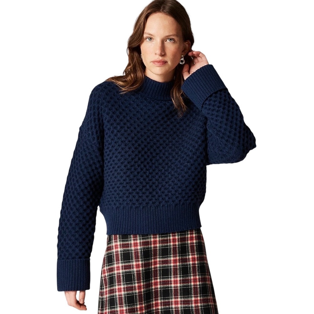 J.Crew NWT Womens Honeycomb mock neck Navy Blue Textured Sweater CO597 Size‎ S